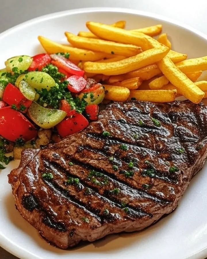 Delicious grilled steak served with tomato and onion salad and crispy fries.