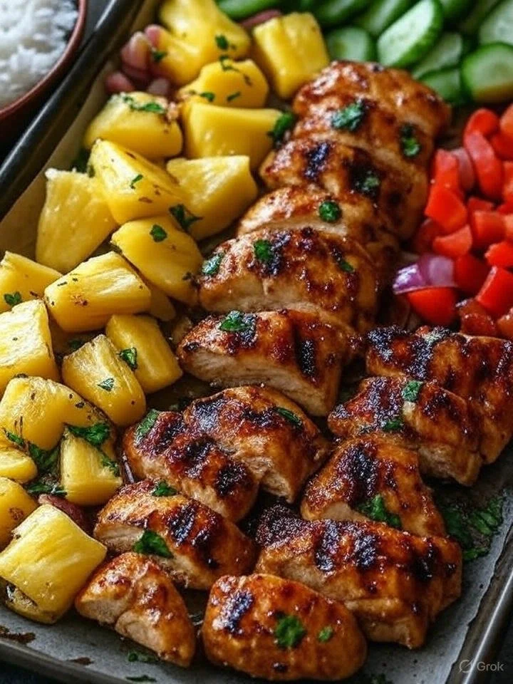 Hawaiian Chicken Sheet Pan with colorful vegetables ready to serve