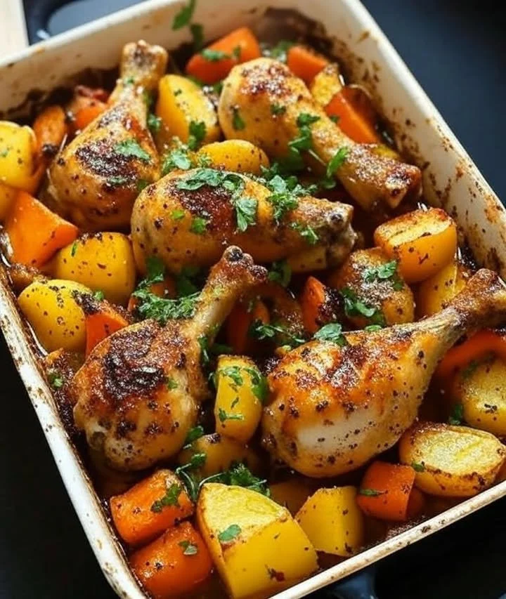 Herb-roasted chicken drumsticks served with carrots and potatoes on a plate