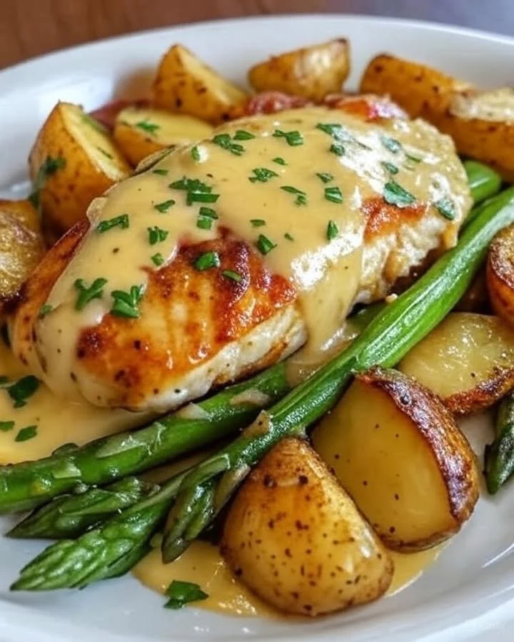 Honey Mustard Chicken served with roasted asparagus and melted cheese on a plate.