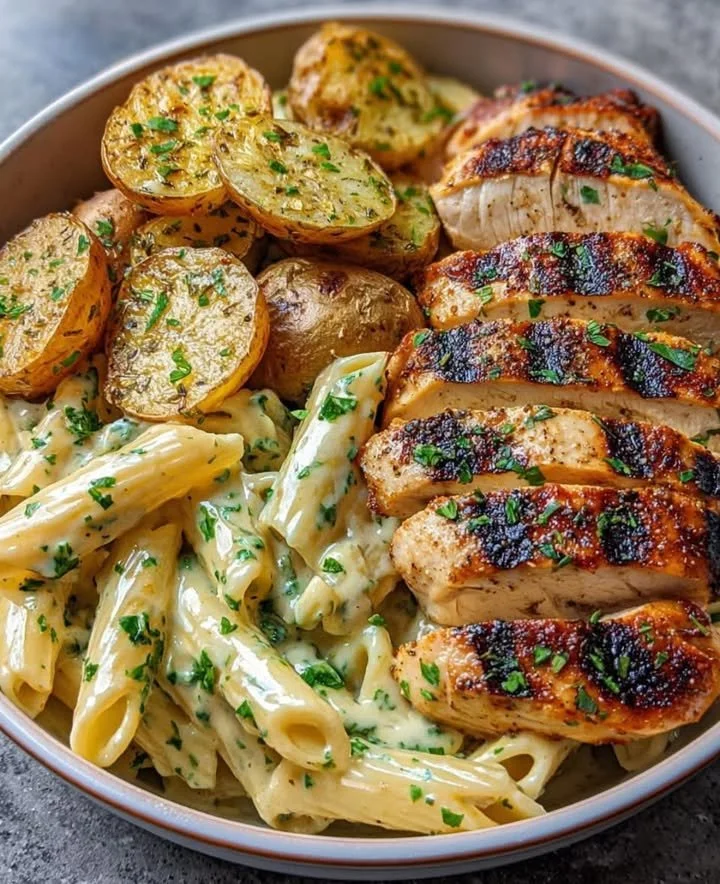 Delicious creamy garlic chicken bowl garnished with herbs and served in a rustic dish.