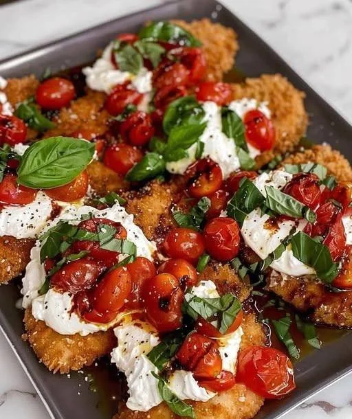 Italian Basil Chicken Cutlets topped with tomato and burrata cheese.