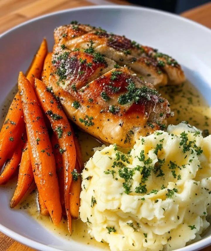Juicy herb-roasted chicken with garlic mashed potatoes and glazed carrots on a plate