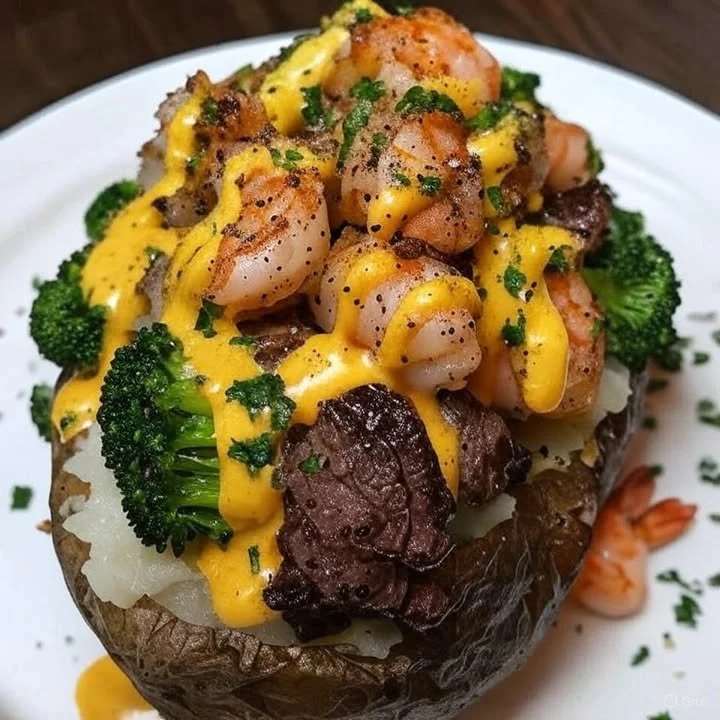 Loaded baked potato topped with shrimp, steak, and broccoli