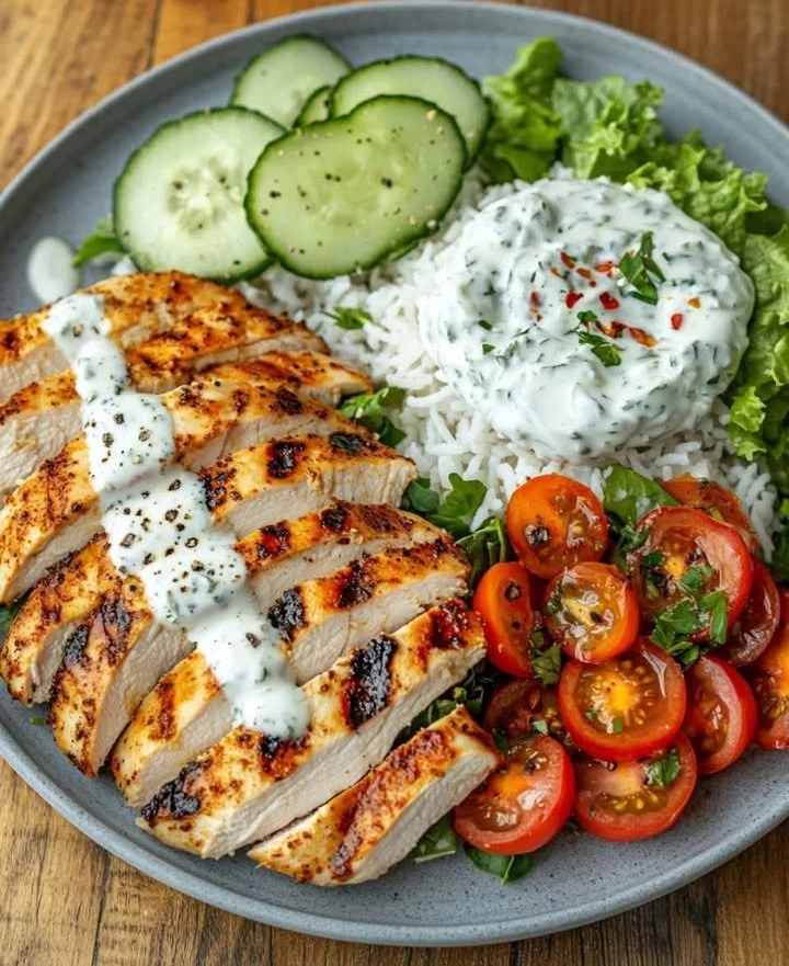 Mediterranean grilled chicken plate served with garlic herb yogurt and tomato salad