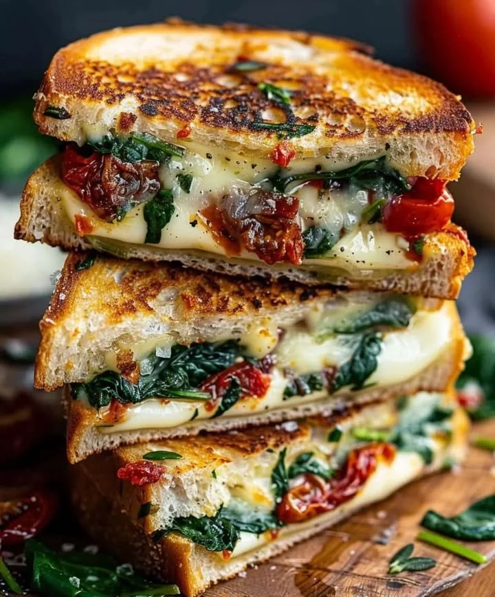 Mediterranean Spinach Grilled Cheese sandwich with feta and sun-dried tomatoes