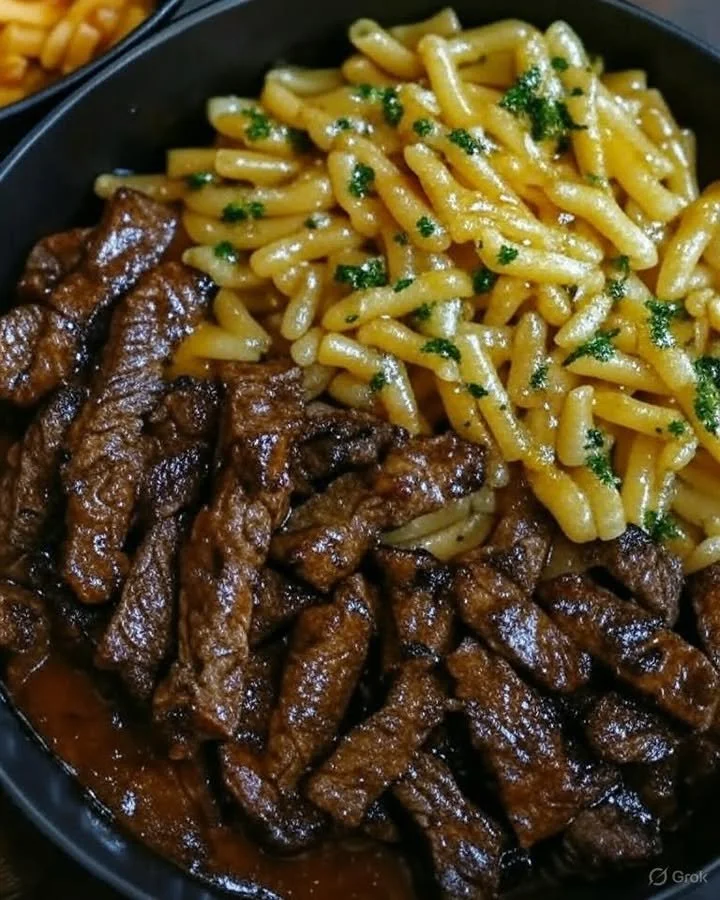 One-Pot Smoky Honey BBQ Steak Pasta garnished with herbs and served on a plate