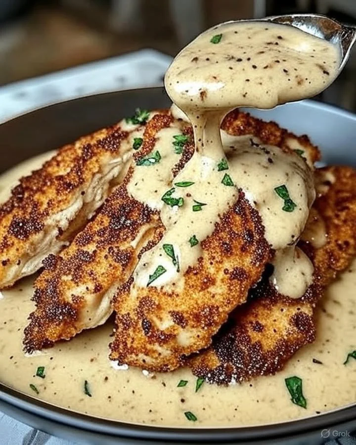 Delicious Parmesan Crusted Chicken topped with creamy garlic sauce