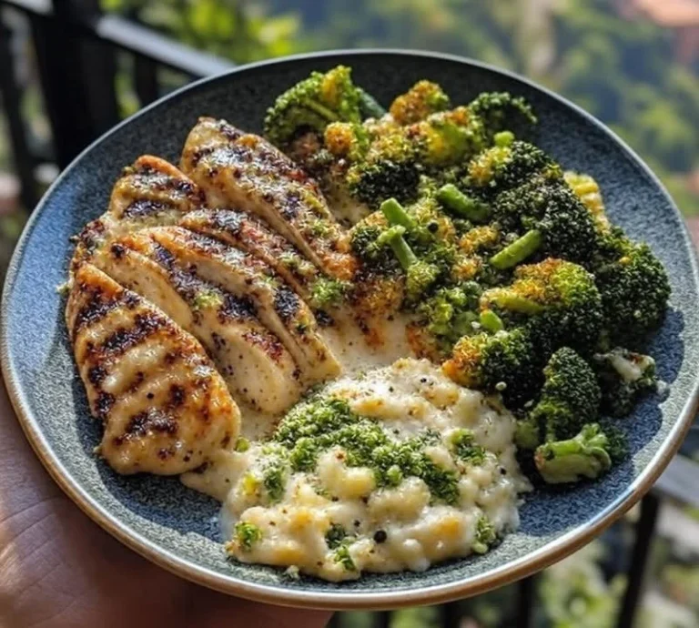Pesto Chicken Alfredo with spicy feta cream and parmesan broccoli crunch served in a bowl.