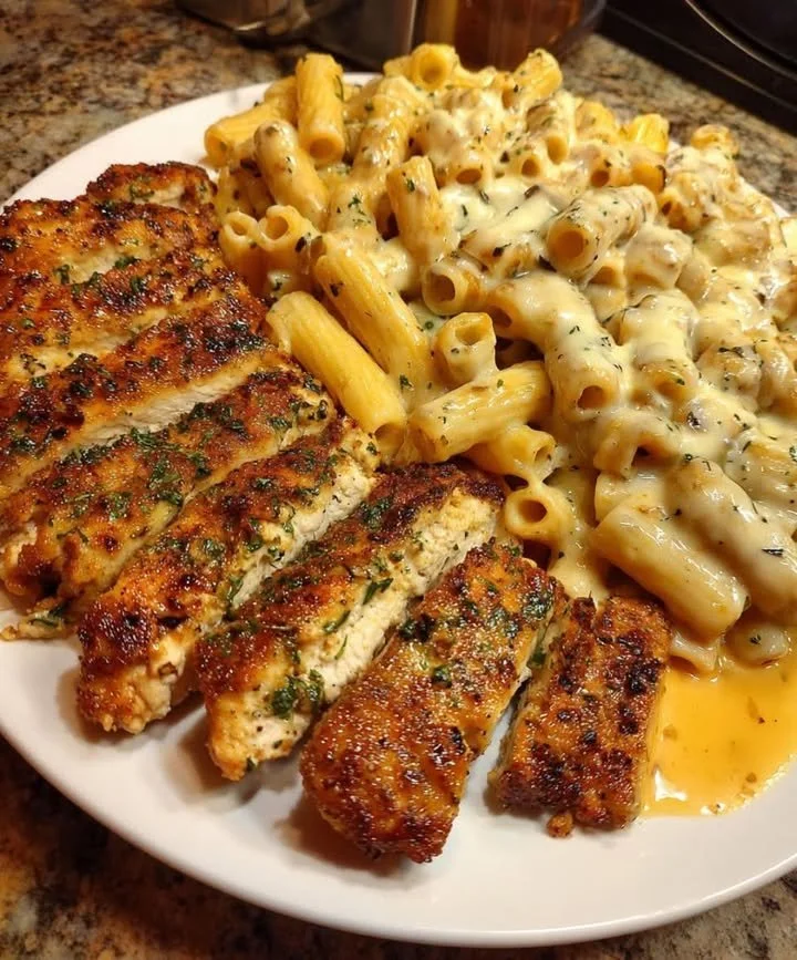 Spicy Cajun Chicken Rigatoni served with creamy mozzarella Alfredo sauce