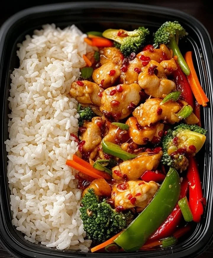 Spicy Garlic Chicken Stir-Fry Bowl served with Jasmine Rice.