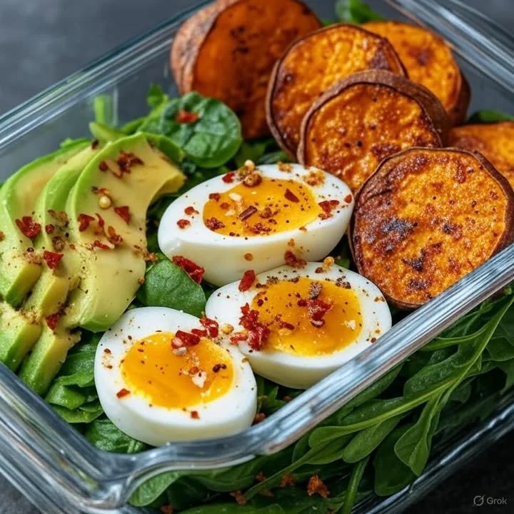 Spinach, avocado, and egg bowl with roasted sweet potato for a healthy meal.