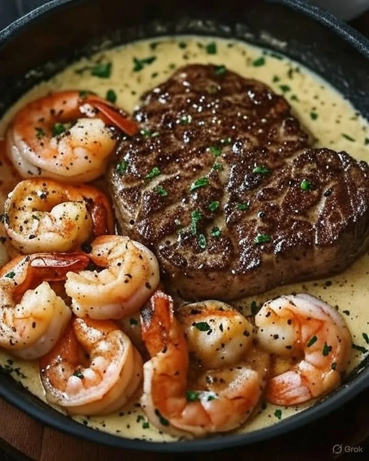 Delicious steak and creamy shrimp dish served on a plate