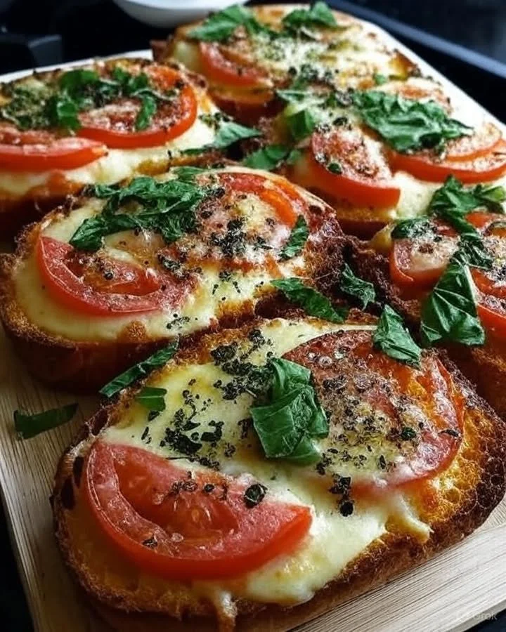 Delicious Tomato Basil Garlic Bread fresh out of the oven, garnished with herbs.