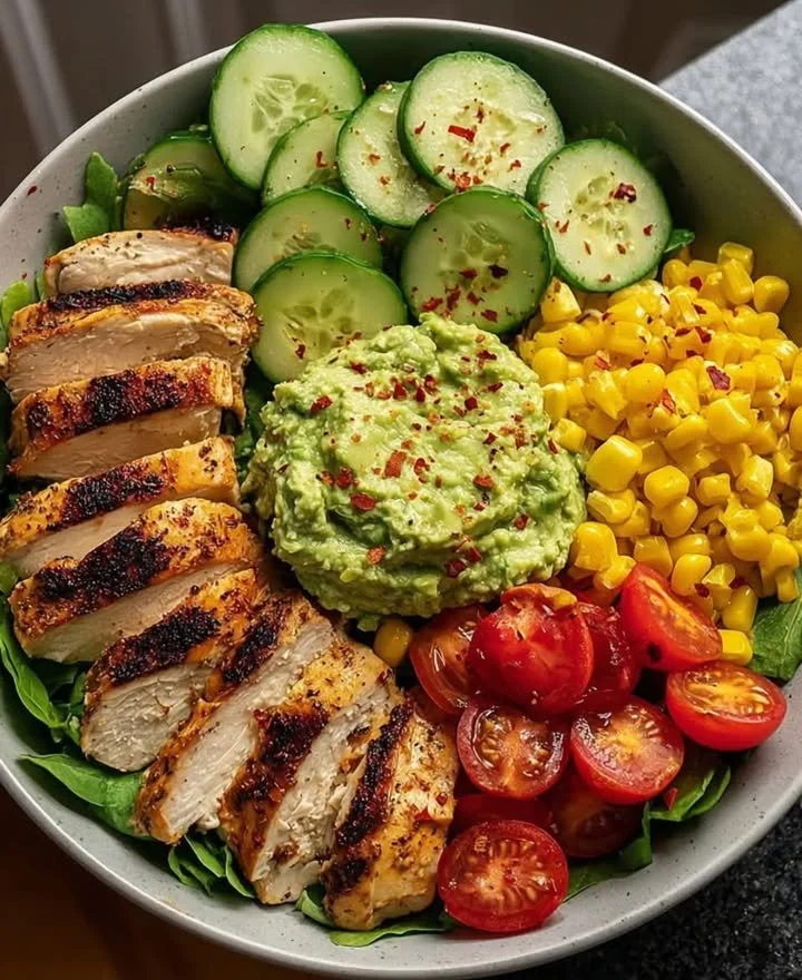 Ultimate Loaded Chicken Power Bowl topped with fresh guacamole and vibrant ingredients.