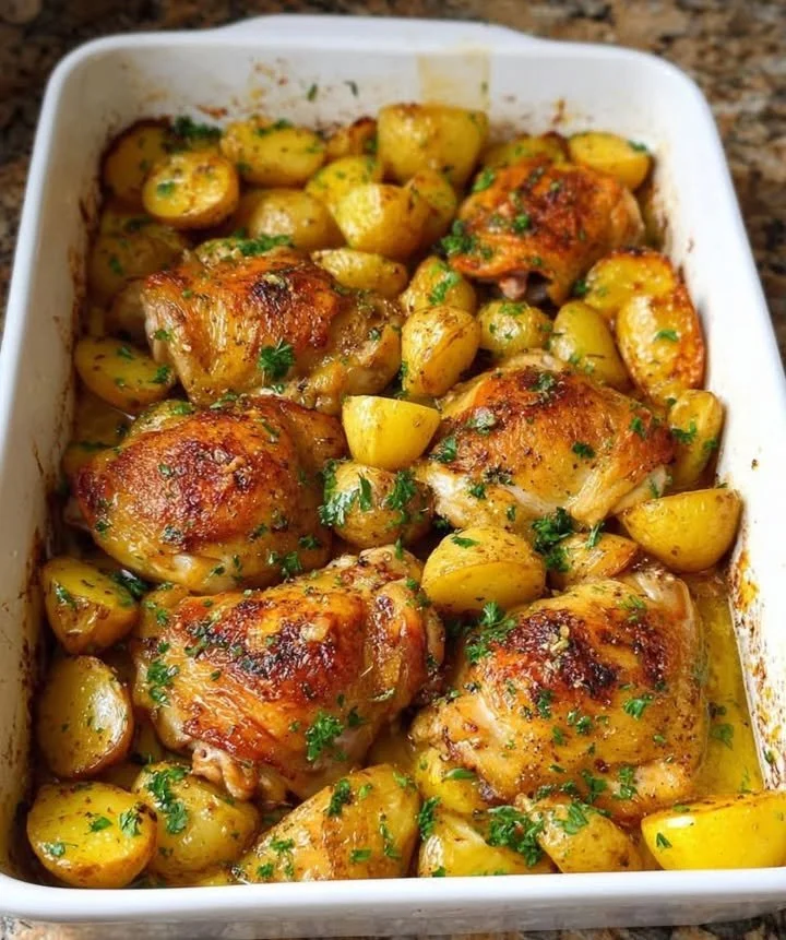 Delicious Crunchy Chicken with Garlic Potatoes on a plate