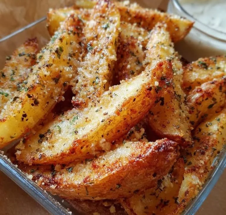 Crispy garlic parmesan wedges garnished with herbs, ready to serve.