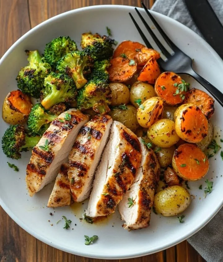 Herb-grilled chicken garnished with herbs and spices on a plate.