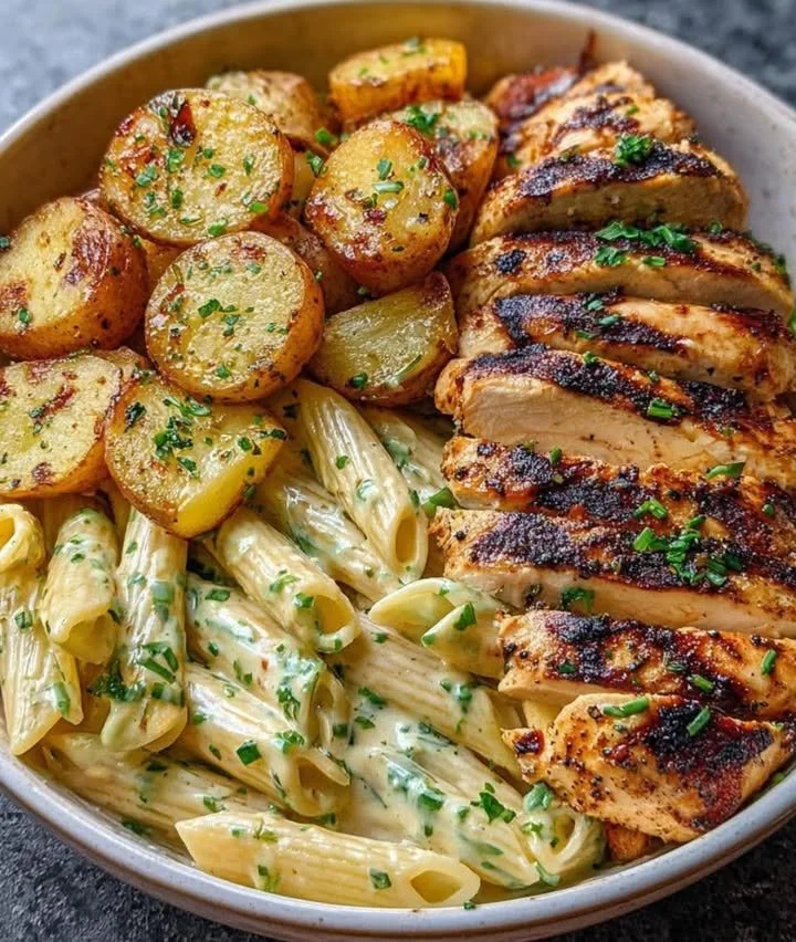 Delicious herb chicken penne dish garnished with fresh herbs