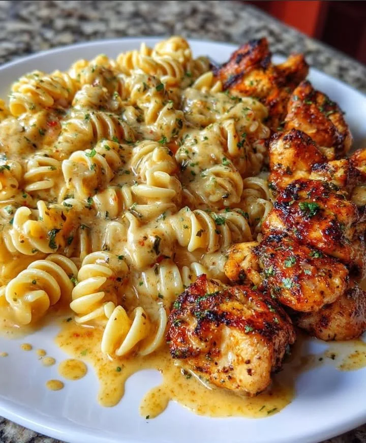 A delicious bowl of creamy Cajun comfort food garnished with herbs.