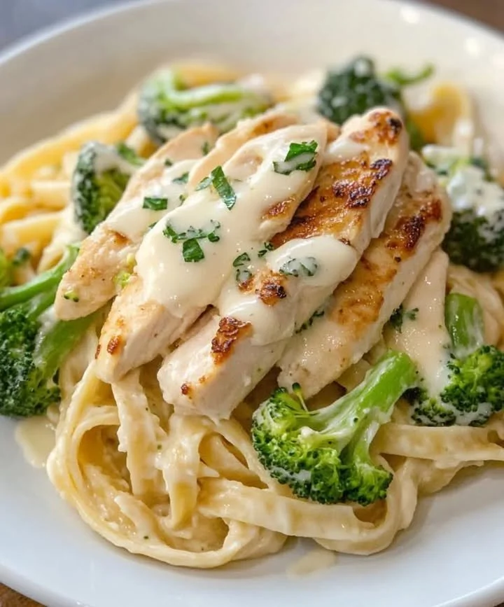 Creamy Chicken Alfredo pasta dish with grilled chicken and parmesan cheese