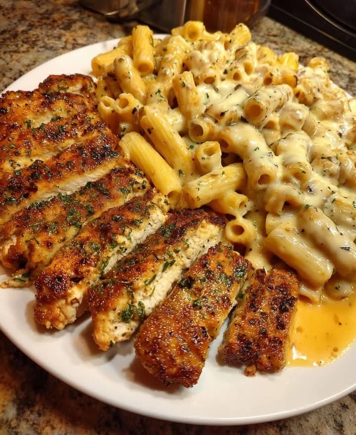 A bowl of creamy Cajun pasta garnished with fresh herbs and spices.