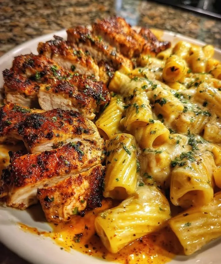 Creamy Cajun Chicken Rigatoni dish served in a bowl, garnished with herbs.