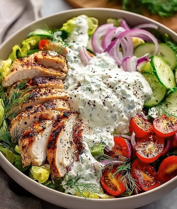 Colorful grilled chicken salad with fresh ingredients and vibrant vegetables