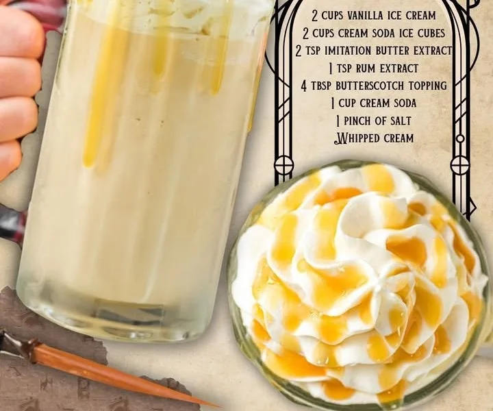 Delicious homemade Butterbeer served in a mug, topped with foam