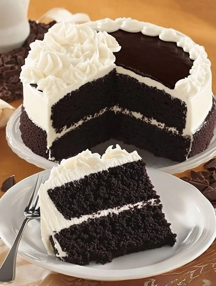 Delicious black velvet cake topped with creamy frosting