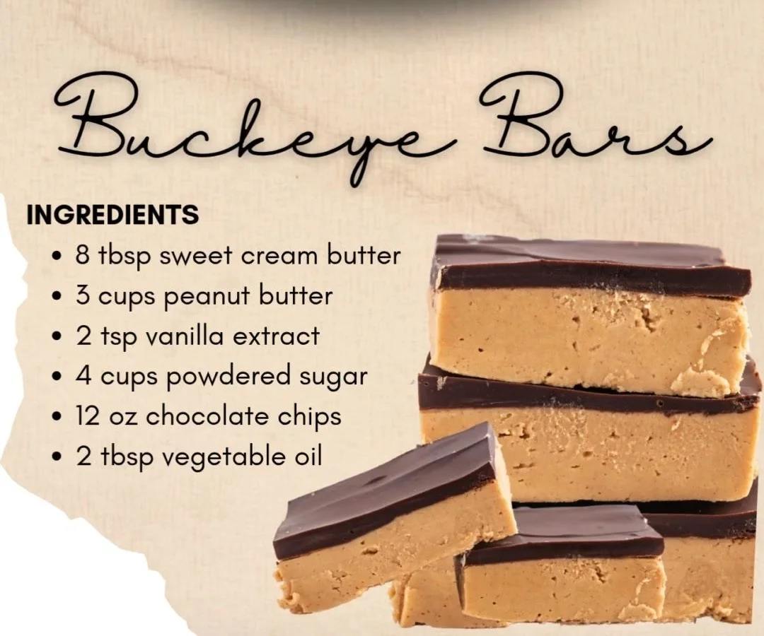 Delicious homemade Buckeye Bars topped with chocolate and peanut butter.