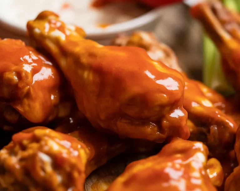 A plate of crispy Baked Buffalo Chicken Wings, served with celery and carrot sticks.