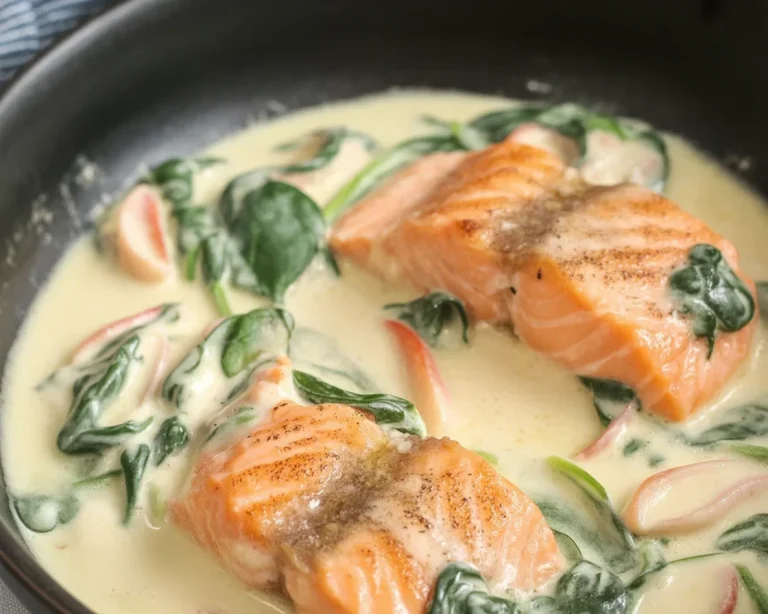 Cajun Salmon served with Garlic Mashed Potatoes and Shrimp-Broccoli Sauté on a plate