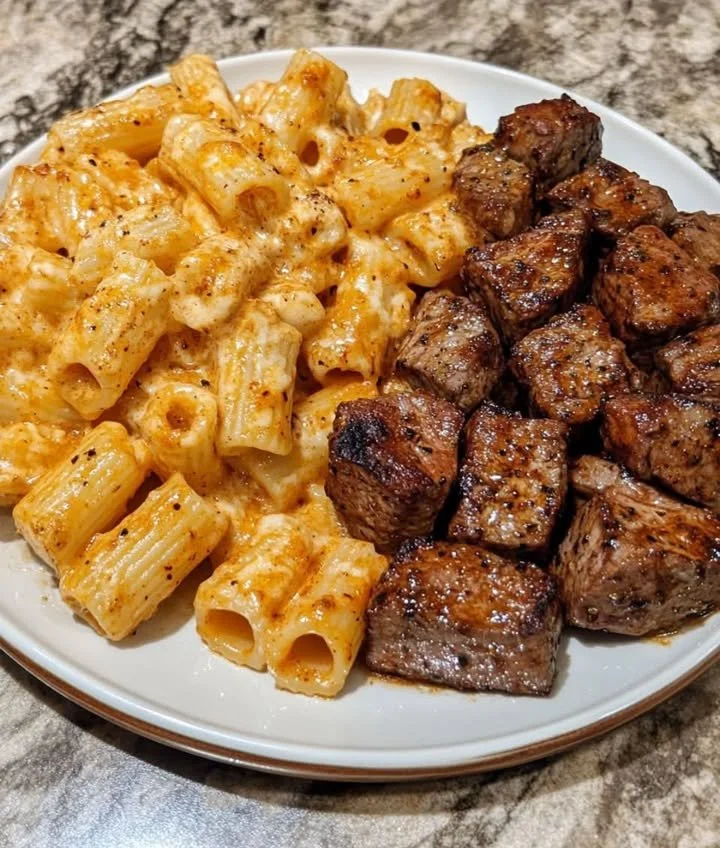Delicious Cajun Steak Bites served with cheesy rigatoni on a plate