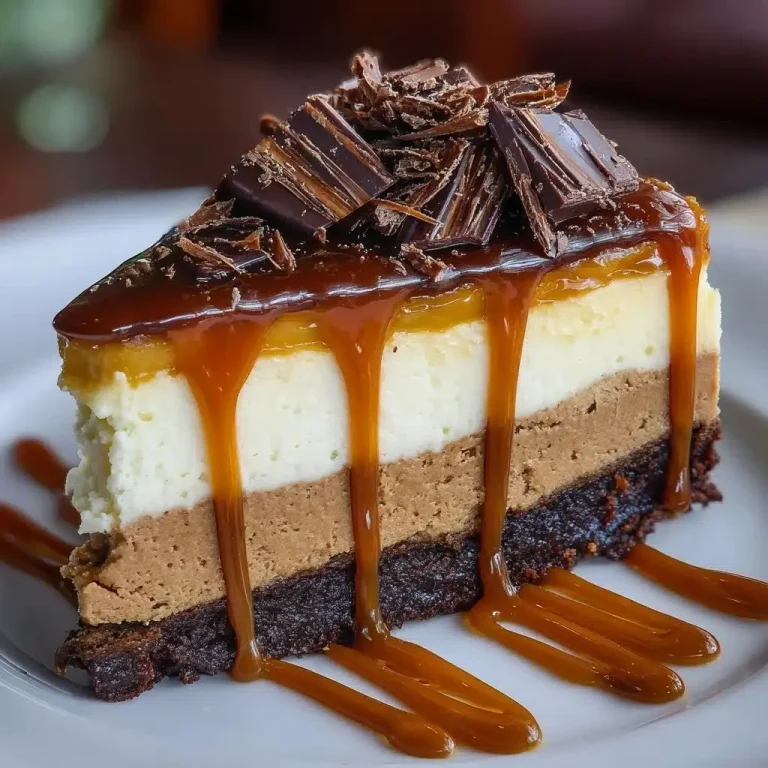 Delicious caramel brownie cheesecake with chocolate and caramel drizzle