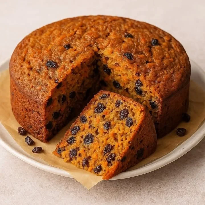 Delicious Carrot Raisins Cake with cream cheese frosting and garnished with nuts