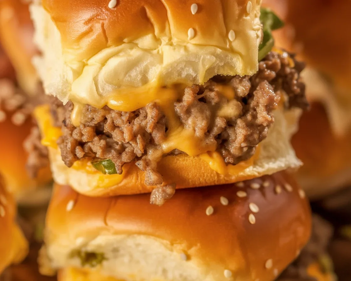 Delicious cheeseburger sliders, juicy beef and melted cheese on Hawaiian rolls.