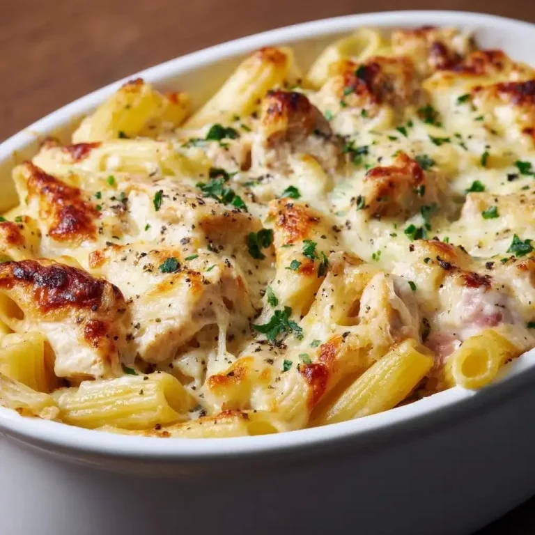 Delicious Chicken Alfredo Bake topped with cheese and herbs in a baking dish