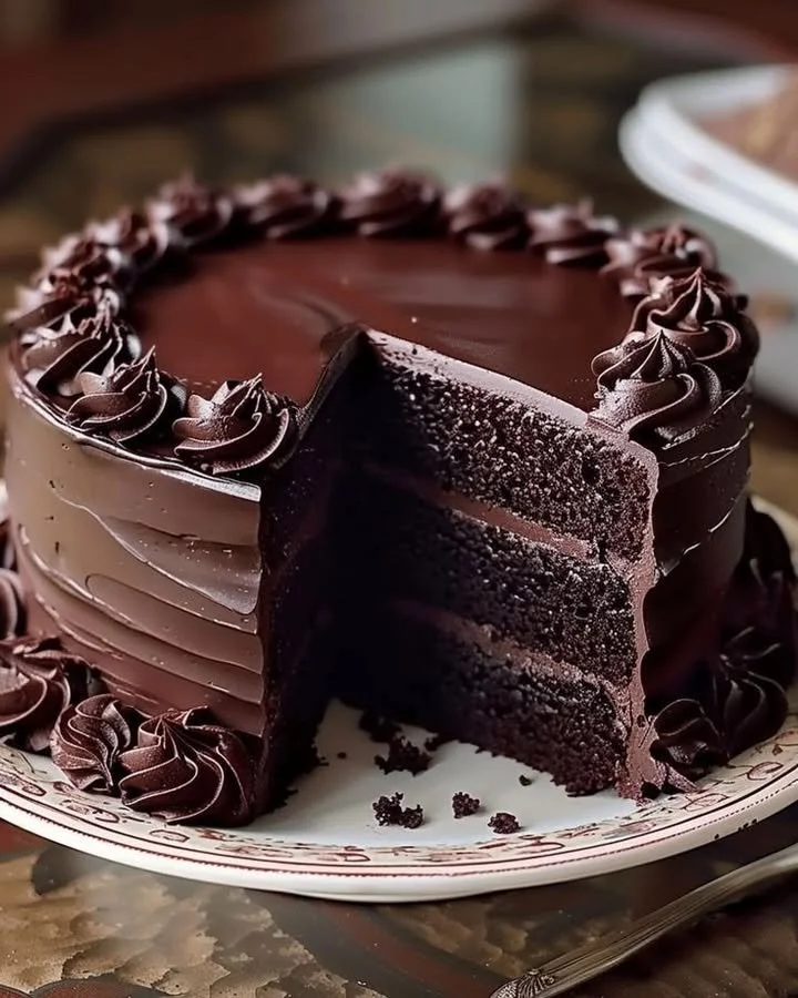 Delicious chocolate buttermilk cake with rich frosting and chocolate shavings.