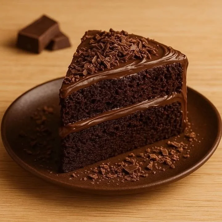 Delicious chocolate layer cake with smooth chocolate frosting on top