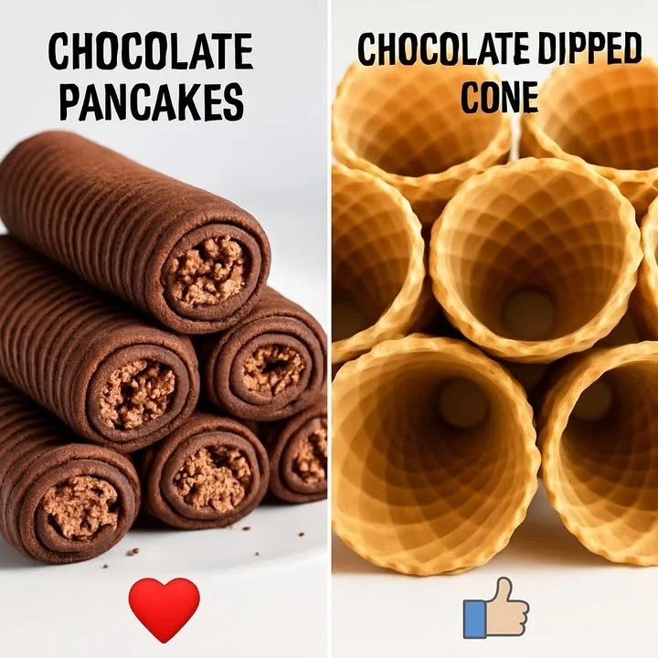 Delicious stack of chocolate pancakes topped with whipped cream and chocolate syrup.