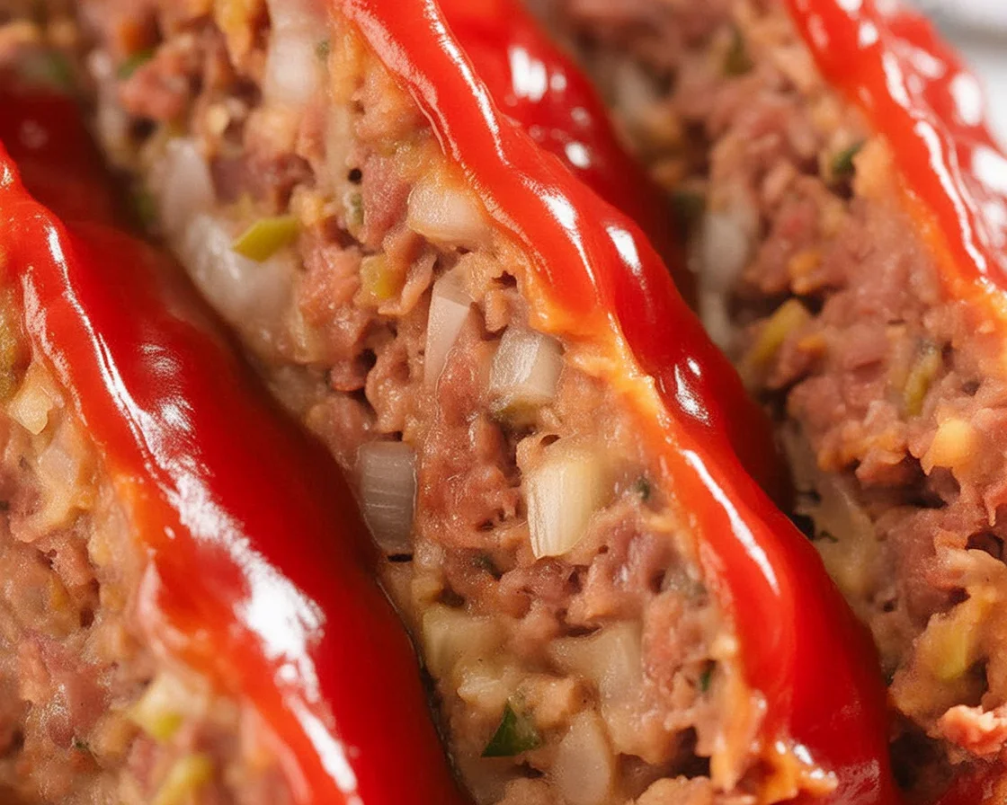 Delicious classic meatloaf with zesty glaze and spices on a plate.