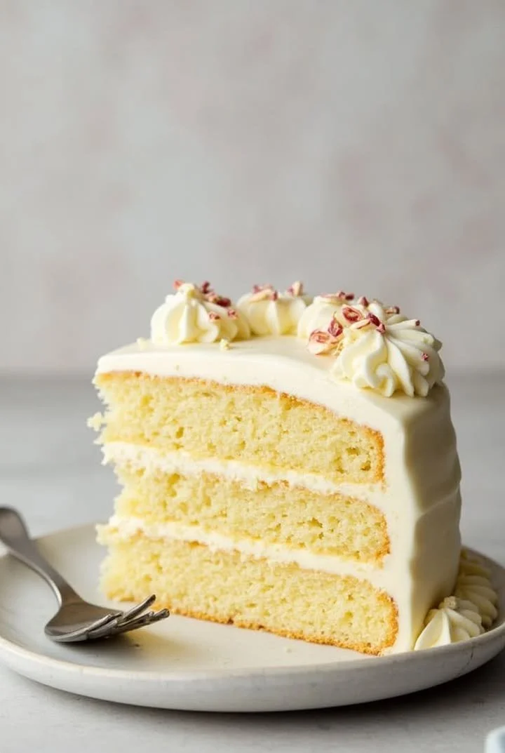 Classic vanilla cake topped with creamy frosting, ideal for celebrations.