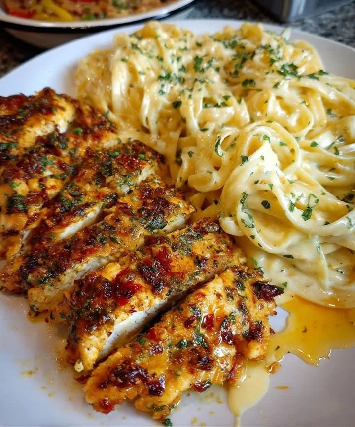 Creamy Cajun chicken pasta dish with spices and garnishes