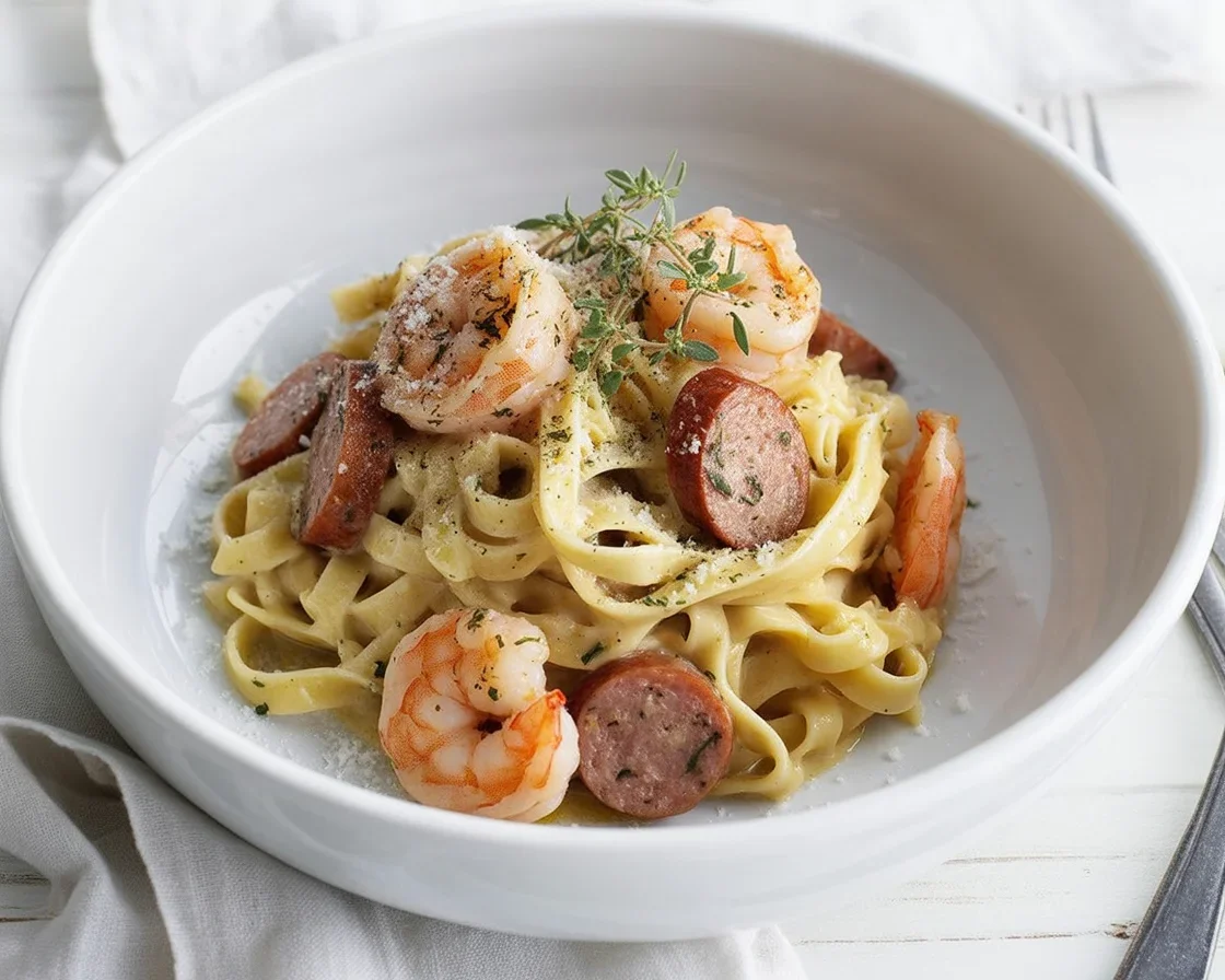 Creamy Cajun Shrimp Pasta with shrimp, andouille sausage, and spicy cream sauce.