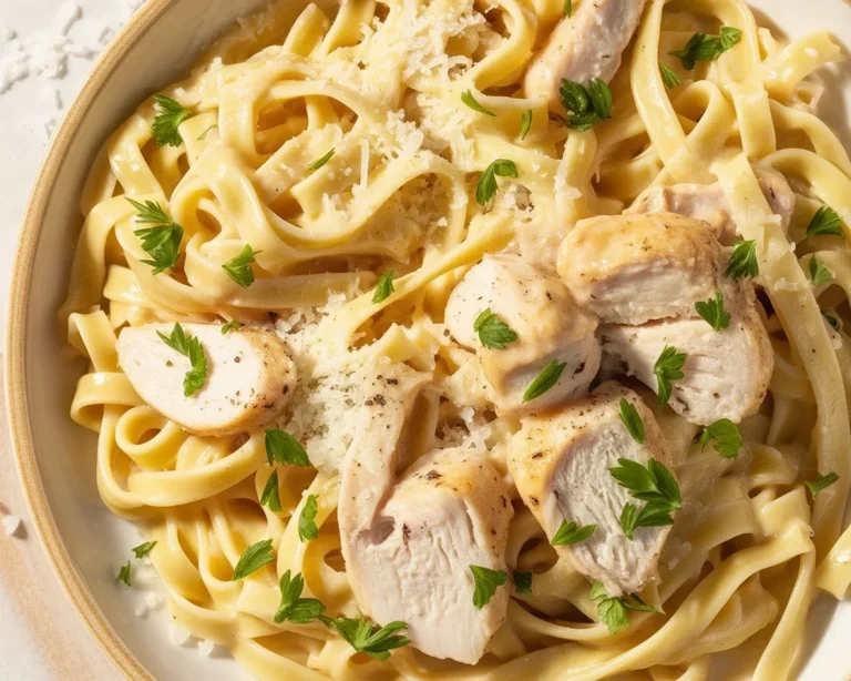 Creamy chicken alfredo pasta with juicy chicken and fettuccine noodles