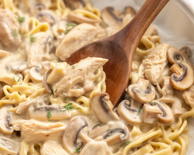 Creamy Chicken Mushroom Pasta with tender chicken, sautéed mushrooms, and a rich sauce.