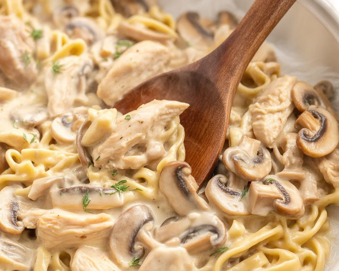 Creamy Chicken Mushroom Pasta with tender chicken, sautéed mushrooms, and a rich sauce.