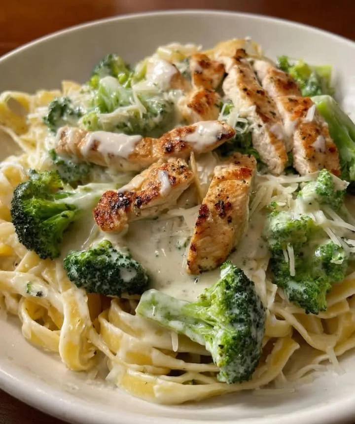 Delicious creamy chicken alfredo served in a bowl with garnish.