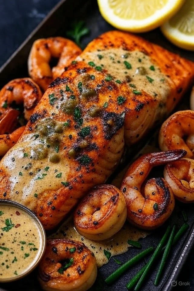 Delicious Cajun Salmon and Shrimp plated with fresh herbs and spices